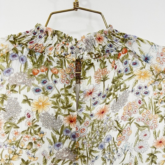 Floral Mini Dress Smocked Neck Tiered Sheer Long Sleeve Lined Multicolored - Picture 7 of 12